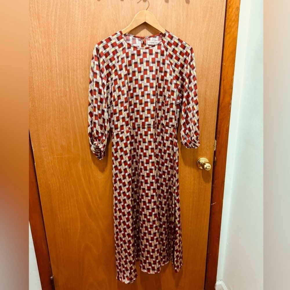 Geometric Print Midi Dress in Rust and Cream